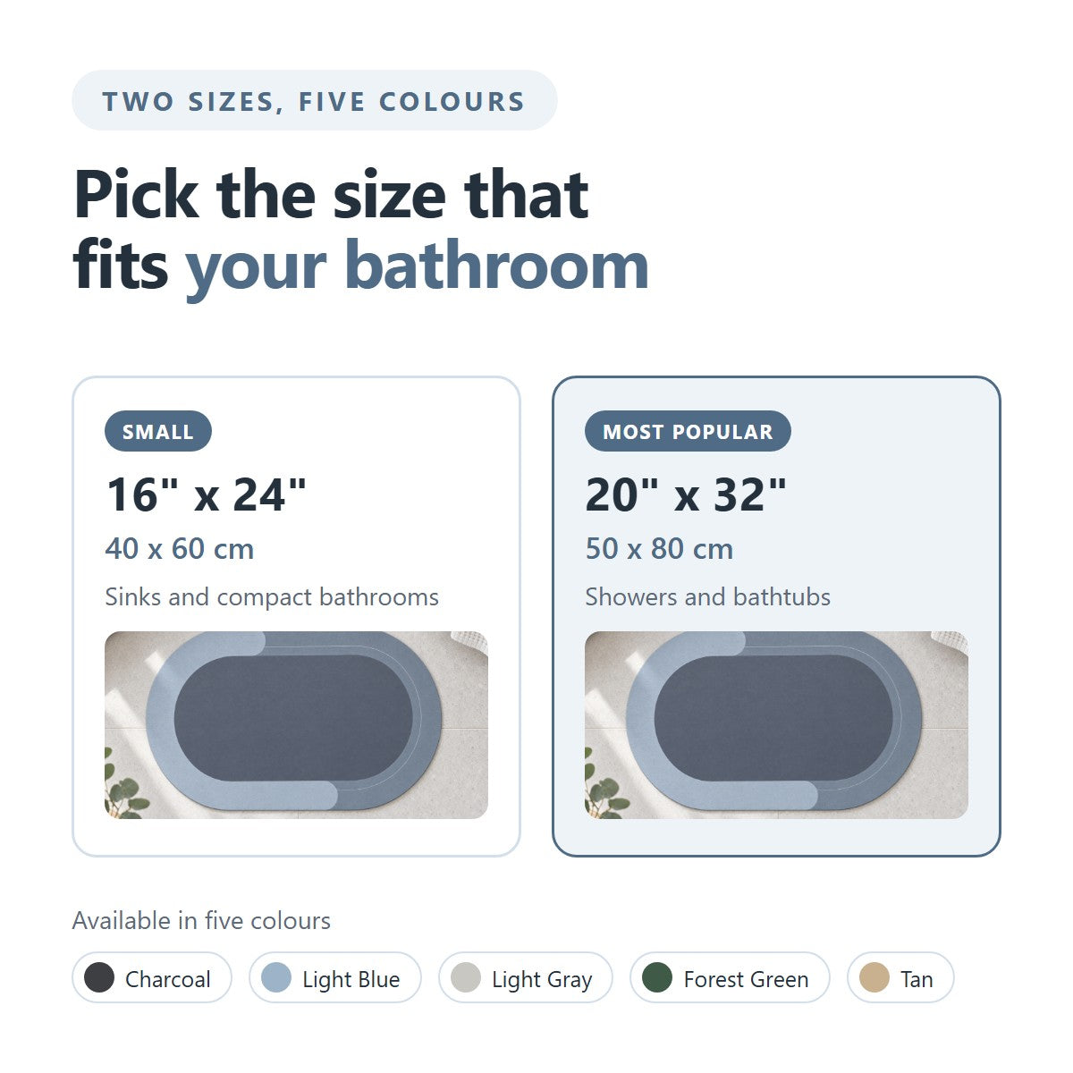 Two sizes and five colours: Small 16x24 inches, Regular 20x32 inches
