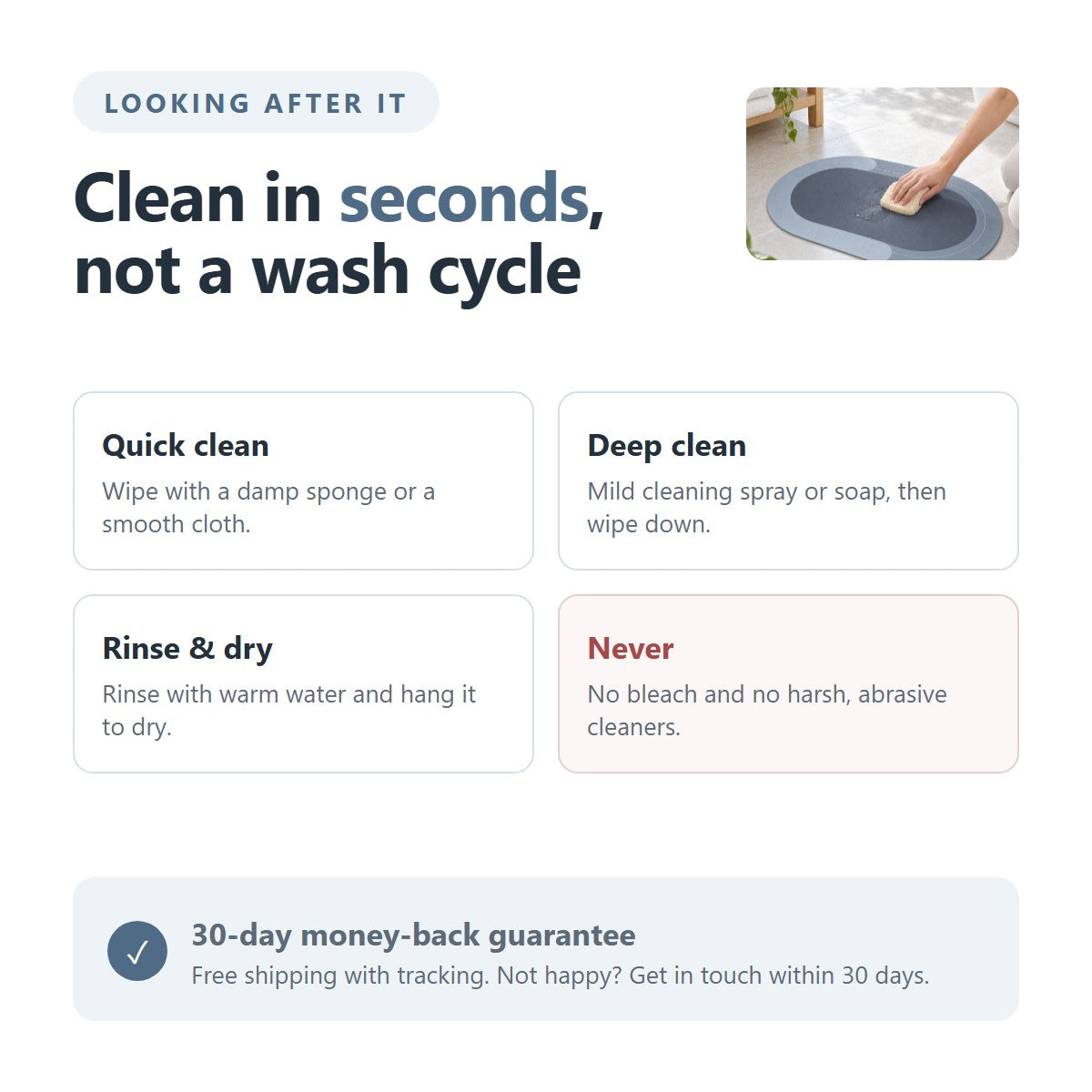 Wipe clean care instructions and 30-day money-back guarantee