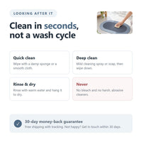 Wipe clean care instructions and 30-day money-back guarantee