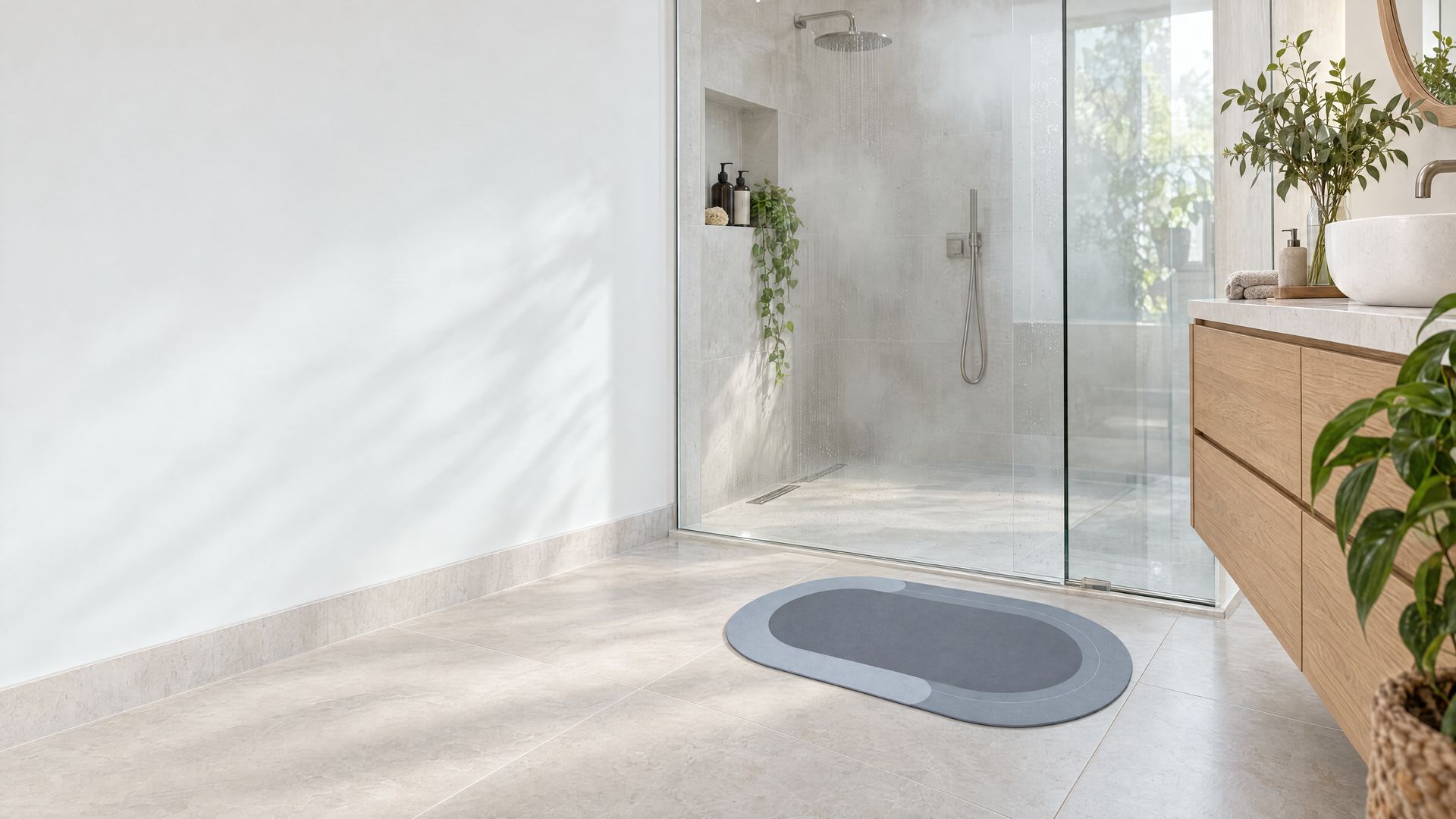 Step out of the shower onto a dry floor